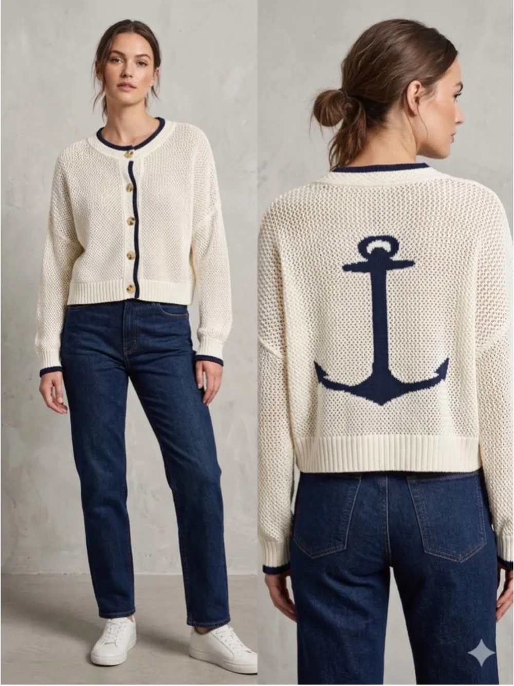Anthro 525 America Anchor Open Knit Cardi Sweater Ivory Navy Blue Coastal M NWT